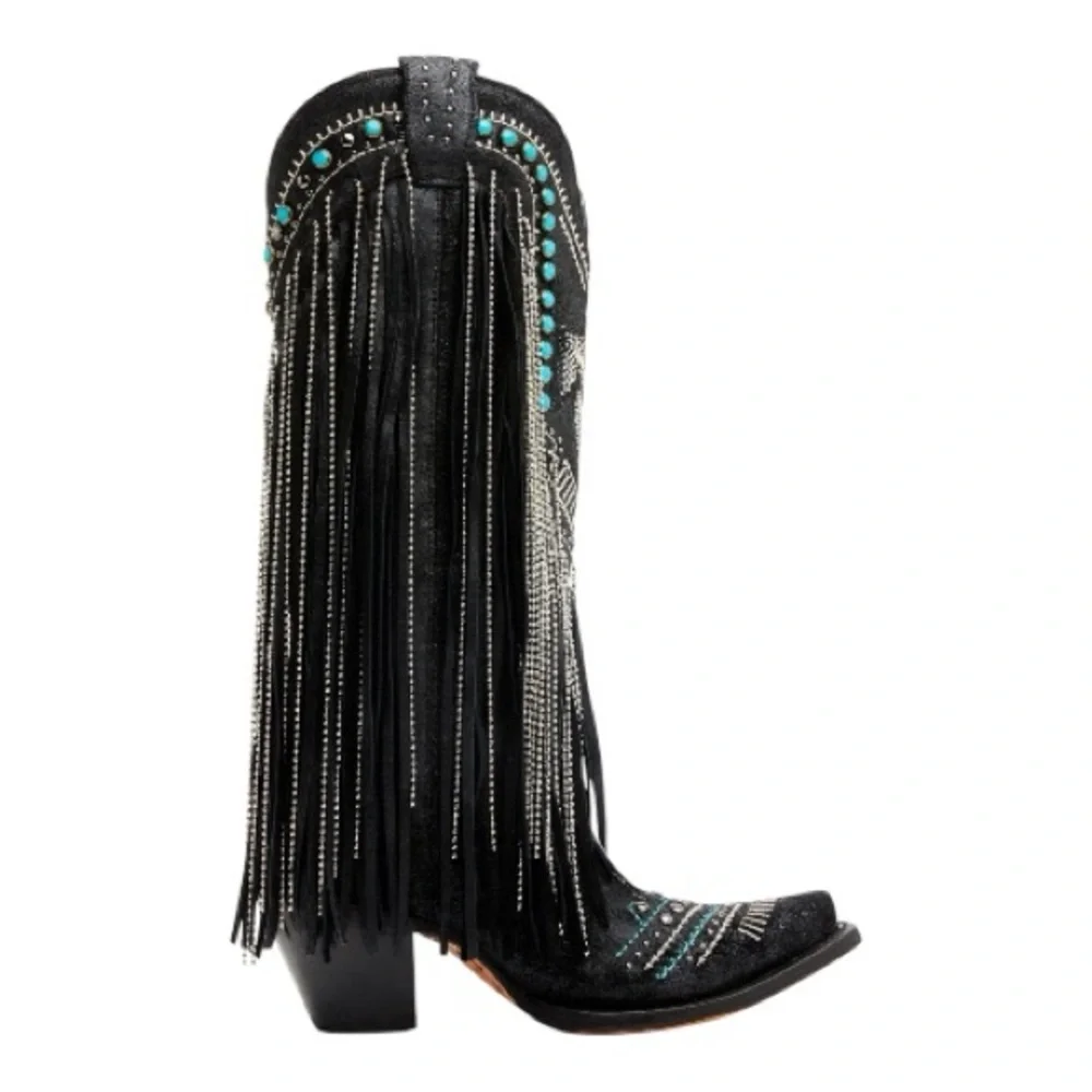 CORRAL EMBROIDERED AND CRYSTAL Black and Turquoise Eagle FRINGE WESTERN BOOTS - Picture 2 of 16